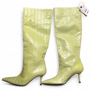 ZARA Lime Green Croc-Embossed Knee-High Boots